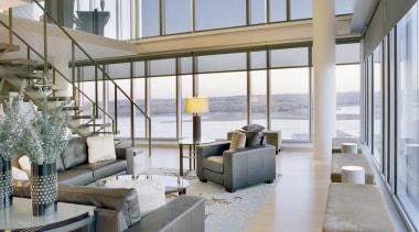 Hunter Douglas Commercial Greenscreen Generation sunscreens are used condominium, interior design, living room, penthouse apartment, real estate, window, gray