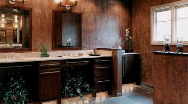 View of a remodeled bathroom which was designed bathroom, cabinetry, ceiling, countertop, flooring, home, interior design, kitchen, room, red