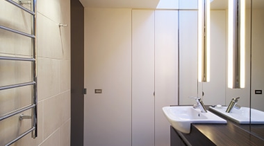 This comapct bathroom was moved from the rear architecture, bathroom, ceiling, daylighting, floor, home, house, interior design, real estate, room, gray