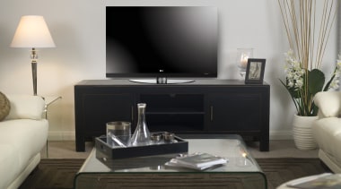 View of living area, with plasma screen tv coffee table, electronics, floor, furniture, interior design, living room, room, table, gray, black