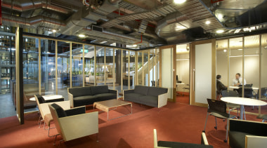 Breakout areas and informal meeting rooms feature throughout interior design, lobby, brown