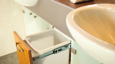 View of hideaway bins from Kitchen King. - bathroom, bathroom accessory, floor, interior design, plumbing fixture, product design, property, room, sink, tap, toilet, toilet seat, orange