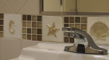 view of custom-glazed handmade seashell tiles by Timeless countertop, floor, flooring, interior design, product design, room, sink, tap, tile, brown, gray