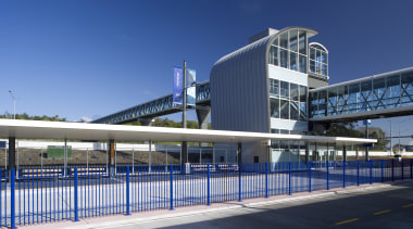 view of aluminium joinery designed and installed by architecture, building, corporate headquarters, facade, fixed link, headquarters, leisure centre, metropolitan area, mixed use, real estate, sky, skyway, structure, blue