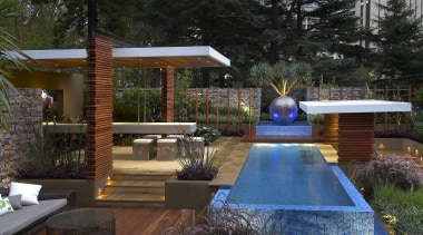 This contemporary landscape provides a series of interconnected backyard, estate, home, house, landscaping, lighting, outdoor structure, patio, property, real estate, swimming pool, yard, black, brown