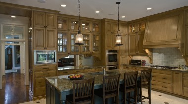 Image of kitchen recessed lighting and 2 hanging cabinetry, countertop, cuisine classique, interior design, kitchen, room, brown, gray