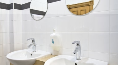 For this project, a family style cafe within bathroom, bathroom accessory, bathroom sink, ceramic, floor, interior design, plumbing fixture, product design, room, sink, tap, tile, toilet seat, wall, white