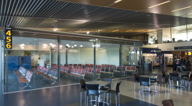 Arrow International Project managed and constructed the new airport terminal, cafeteria, ceiling, food court, interior design, leisure centre, black, gray