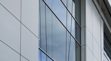 Eaxh building at Candida Office park Incorporates a architecture, building, daylighting, daytime, facade, glass, sky, window, gray