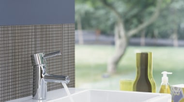 Grohe precision tapware makes an appropriate companion for bathroom, bathtub, ceramic, interior design, plumbing fixture, product design, sink, tap, gray, green