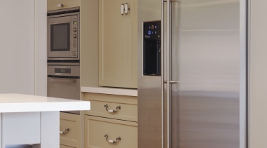 The commercial-level GE Monogram refrigerator combines the latest cabinetry, closet, home appliance, kitchen, major appliance, refrigerator, room, gray, brown