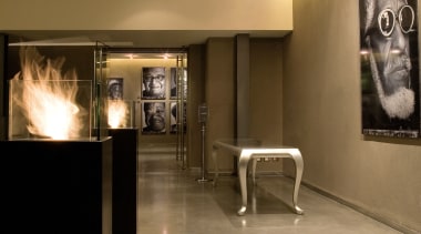 The new EcoSmart Fire Tower makes a striking floor, flooring, interior design, lobby, brown