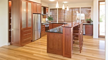 Clinton Buckwell CKD designed this timber kitchen, using cabinetry, countertop, cuisine classique, floor, flooring, hardwood, interior design, kitchen, laminate flooring, real estate, room, wood, wood flooring, wood stain, orange, white