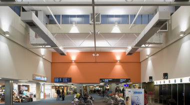 View of the lighting at Auckland Airport's domestic airport terminal, ceiling, daylighting, interior design, retail, shopping mall, gray