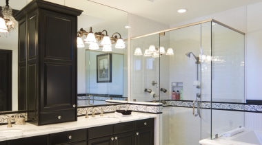 This bathroom features dark-stained wood cabinetry, which enhances bathroom, ceiling, home, interior design, room, white, black