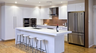 Designed, manufactured and installed by Knebel, the featured cabinetry, countertop, cuisine classique, floor, flooring, interior design, kitchen, real estate, room, wood flooring, gray