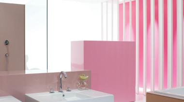 New Kohler bathroom fixtures include the Oblo faucet; bathroom, bathroom cabinet, floor, furniture, interior design, kitchen, pink, product, product design, purple, sink, table, white