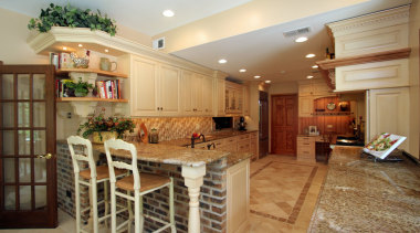 Image of a tuscan-styled kitchen which was designed cabinetry, ceiling, countertop, cuisine classique, estate, flooring, home, interior design, kitchen, real estate, room, orange, brown