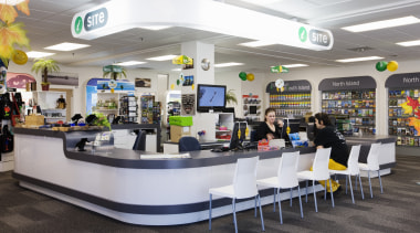 Eye-catching graphics and illuminated display boards are features cafeteria, convenience store, food court, product, retail, supermarket, white, gray