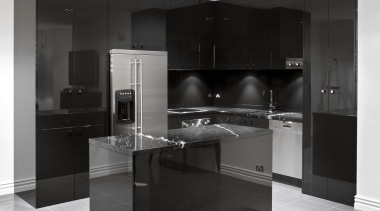 View of kitchen with porcelain tiled flooring, kitchen black, black and white, cabinetry, countertop, floor, flooring, interior design, kitchen, product design, tile, white, black