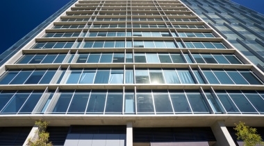 Image of the horizontal and vertical sun shading apartment, architecture, building, commercial building, condominium, corporate headquarters, daylighting, daytime, facade, headquarters, metropolis, metropolitan area, mixed use, real estate, residential area, sky, skyscraper, tower block, urban area, window