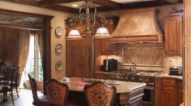 Daltile ceramic tiles, natural stone tiles and metal cabinetry, ceiling, countertop, cuisine classique, dining room, interior design, kitchen, room, wall, wood, brown, red