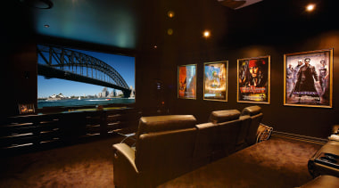 This dedicated home cinema shows the level of interior design, brown, black