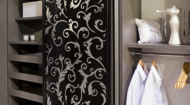 This grey linear patterned wardrobe from Innovative Interiors' closet, furniture, interior design, wardrobe, black, gray