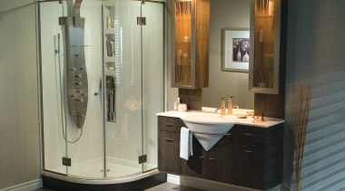 Image of a bathroom which features an integrated bathroom, bathroom accessory, bathroom cabinet, plumbing fixture, room, brown, black