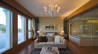 Master suite in a Hong Kong waterside apartment.Featuring architecture, ceiling, daylighting, estate, home, house, interior design, living room, real estate, room, wall, window, brown