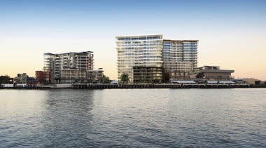 Exterior View of Brisbane's Portside Wharf development which architecture, building, city, cityscape, condominium, daytime, evening, horizon, marina, metropolis, real estate, reflection, residential area, river, sea, sky, skyline, skyscraper, tower block, urban area, water, waterway, white