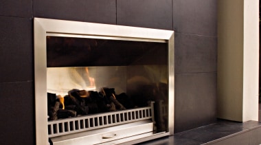 Image of easy to use, outdoor fireplace designed fireplace, floor, flooring, hearth, heat, gray, black