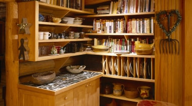 View of wooden shelving and cabinetry. - View bookcase, cabinetry, furniture, interior design, kitchen organizer, shelving, wood, brown