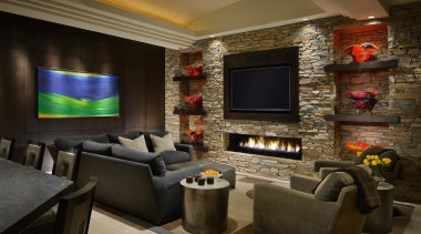 View of family room featuring dark stained wood interior design, living room, lobby, room, wall, black, brown