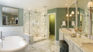 View of upscale, luxurious bathroom which features a bathroom, estate, home, interior design, real estate, room, gray