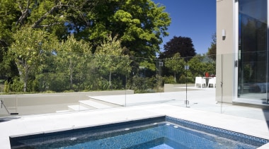 Exterior view of house and spa pool area architecture, estate, home, house, leisure, property, real estate, reflection, sky, swimming pool, vacation, villa, water, white, blue