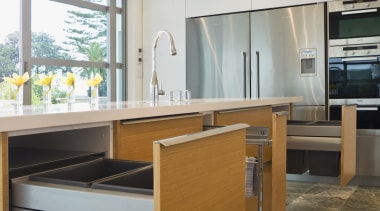 View of kitchen which features cabinetry designed and countertop, floor, interior design, kitchen, gray, brown