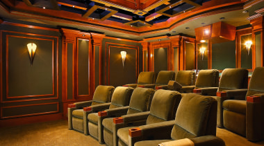 Image of this home theatre which seats 12 auditorium, ceiling, entertainment, function hall, interior design, lighting, theatre, brown