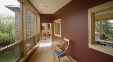 View of hallway with maple wood flooring, windows, architecture, ceiling, daylighting, estate, floor, hardwood, home, house, interior design, laminate flooring, living room, property, real estate, room, wall, window, wood, wood flooring, brown