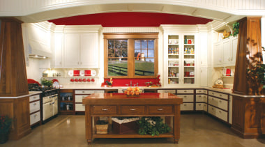 View of a country kitchen which features cabinetry cabinetry, countertop, cuisine classique, furniture, interior design, kitchen, room, brown, white