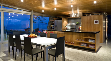 View of the open-plan kitchen and dining area architecture, interior design, real estate, table, brown