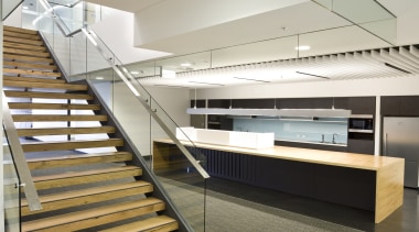 Interior view of the eco-friendly offices which were architecture, daylighting, floor, flooring, glass, handrail, house, interior design, product design, stairs, gray