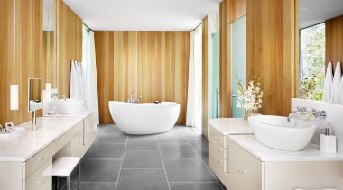 View of bathroom featuring freestanding tub, floor-to-ceiling windows, architecture, bathroom, ceiling, floor, flooring, home, interior design, plumbing fixture, real estate, room, suite, white