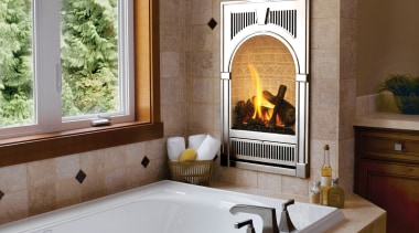 Image of bath tub which features Bed &amp; fireplace, hearth, home, interior design, living room, room, window, wood burning stove, brown, gray