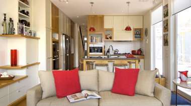View of a renovated kitchen which has had furniture, home, interior design, living room, real estate, room, white