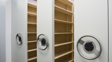 Image of the space saving Lundia Mobile Shelving product, product design, white