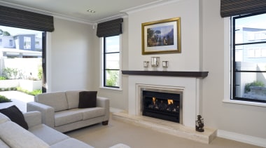 Image of Resene products which were specified for fireplace, hearth, home, interior design, living room, property, real estate, room, window, gray