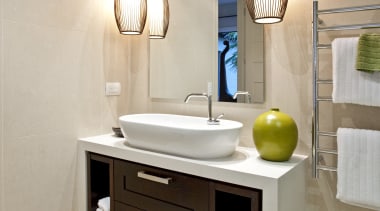 View of contemporary home with light-toned and beige bathroom, bathroom accessory, bathroom cabinet, floor, interior design, plumbing fixture, product design, room, sink, gray