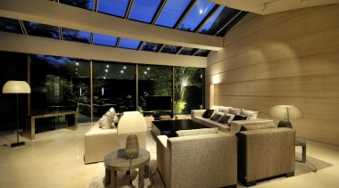 View of the living area with sofas, TV, architecture, ceiling, interior design, living room, lobby, real estate, brown