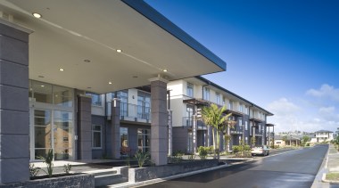 Exterior view of Summerset by the Park retirement apartment, building, commercial building, condominium, corporate headquarters, mixed use, property, real estate, residential area, gray